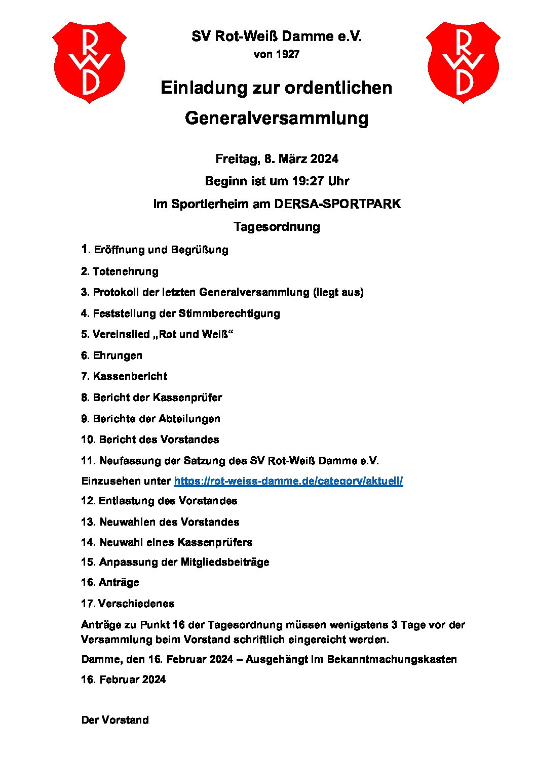 Einladung zur Generalversammlung von Rot-Weiß Damme e.V.