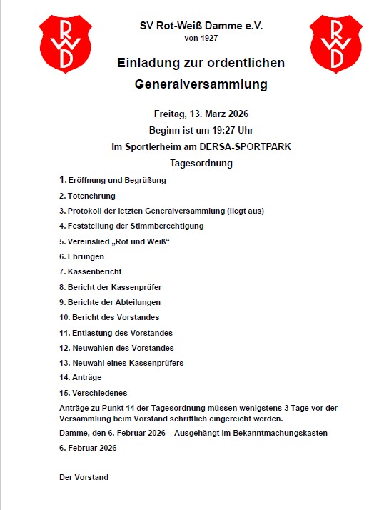 Mehr über den Artikel erfahren Generalversammlung von RW Damme am 13.03.2026 um 19:27 Uhr im Sportlerheim am DERSA-SPORTPARK